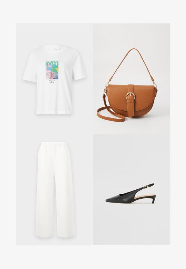 Bílý tričko s krátkým rukávem, které má barevný abstraktní grafický design v růžové, zelené, modré a žluté barvě, s černým textem ve spodní části.; Bílé lněné kalhoty s širokými nohavicemi, elastickým pasem a šňůrkou na stažení. Hladká textura, dlouhý střih sahající až na zem, bez dalších vzorů nebo akcentů.; Černý kožený slingback s jehlovým podpatkem a špičatou špičkou, nízkým podpatkem a nastavitelným kotníkovým popruhem se zlatým přezkou. Hladký povrch.; Hnědá kožená křížová taška s zakřiveným tvarem, zlatými detaily a akcentem s přezkou. Obsahuje odnímatelný popruh na rameno.