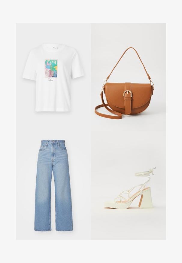 Witte T-shirt met korte mouwen, voorzien van een kleurrijk abstract grafisch ontwerp in roze, groen, blauw en geel met zwarte tekst aan de onderkant.; Lichtblauwe high-waist wijde jeans met een knoop- en ritssluiting aan de voorkant, voor- en achterzakken, op een witte achtergrond.; Witte hoge hakken sandaal met een chunky hak, met een bandjesontwerp en enkelband. Gladde textuur met een plateau voor extra hoogte.; Bruine leren schoudertas met een gebogen vorm, gouden hardware en een gespaccent. Bevat een afneembare schouderriem.