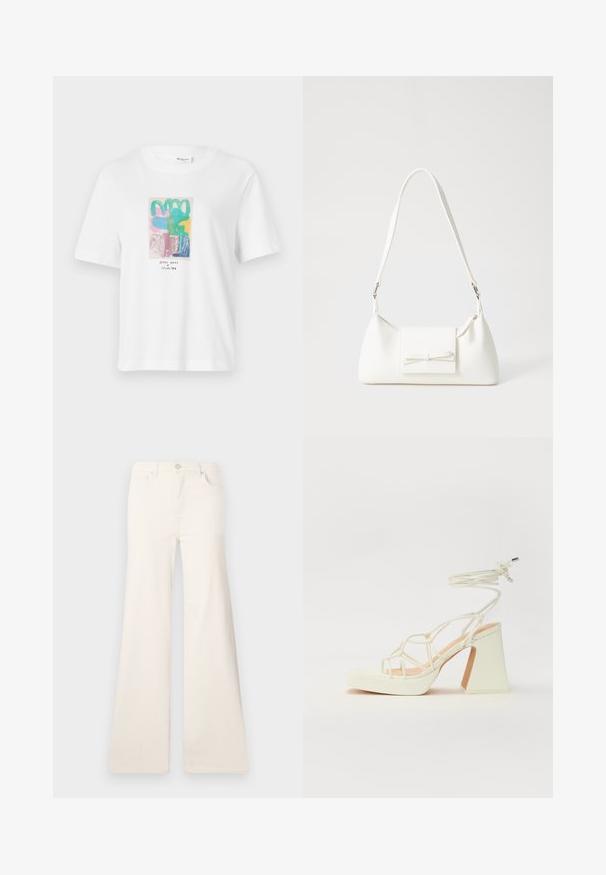 White short-sleeve t-shirt featuring a colorful abstract graphic design in pink, green, blue, and yellow with black text at the bottom.; ONLY ONLMADISON WIDE - Wide Leg - ecru; White high-heeled sandal with a chunky heel, featuring a strappy design and ankle tie. Smooth texture with a platform front for added height.; White synthetic handbag with a triangular shape, flat front flap and bow detail, adjustable strap, smooth texture, and minimalistic design.