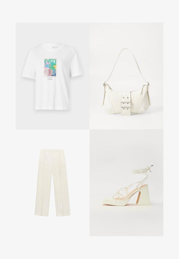 Bílý tričko s krátkým rukávem, které má barevný abstraktní grafický design v růžové, zelené, modré a žluté barvě, s černým textem ve spodní části.; Kalhoty s širokými nohavicemi v světle krémové barvě. Vyrobené z hladké tkaniny s záhyby vpředu a bočními kapsami.; Bílé sandály na vysokém podpatku s robustním podpatkem, s designem s pásky a zavazováním kolem kotníku. Hladký povrch s platformou vpředu pro zvýšení výšky.; Bílá kabelka na rameno s texturovaným povrchem, centrálním akcentem v podobě spony a zakřiveným tvarem. Zipové uzávěry na obou stranách.