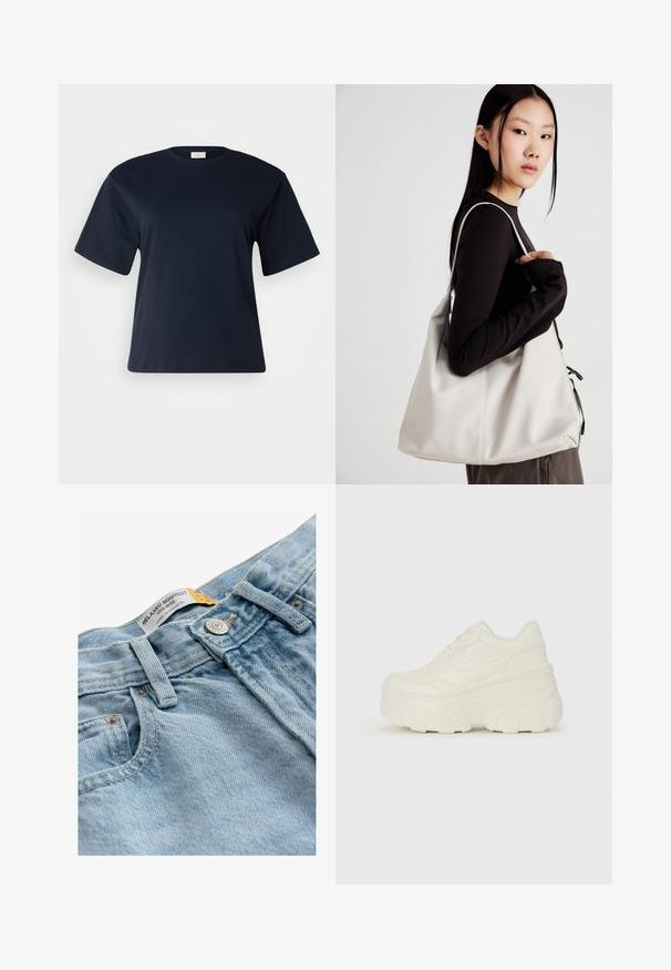 ONLY Carmakoma CARLIVING - Printtipaita - naval academy; Vaaleansiniset farkut, joissa on rento bootcut-malli, keski korkea vyötärö, metallinen napitus ja tagi, jossa lukee "RENNOT BOOTCUT".; Valkoiset tasapohjakengät, joissa on sileä nahkamainen päällinen, pyöristetty muoto, pehmustettu nilkkaosa ja texturoitu kumipohja, jossa on hyvin määritellyt urat.; Beige laukku, joka on valmistettu pehmeästä materiaalista, ja siinä on rento muotoilu, ommeltu yksityiskohtia ja kaksi olkahihnaa. Sopii päivittäiseen käyttöön.