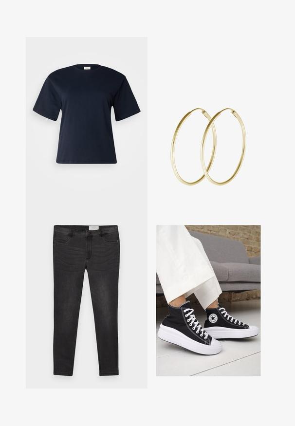 ONLY Carmakoma CARLIVING - Camiseta estampada - naval academy; Pantalones vaqueros de mezclilla negra ajustados, con cierre de botón, trabillas para cinturón y bolsillos delanteros. Textura suave con un ligero desgaste.; Zapatillas altas de lona negra con suelas y cordones de goma blanca. Presentan un logo circular en el lateral y costuras blancas en contraste.; Pendientes de aro de oro con un diseño suave y redondeado y un acabado brillante. Construcción ligera con un cierre de broche seguro.