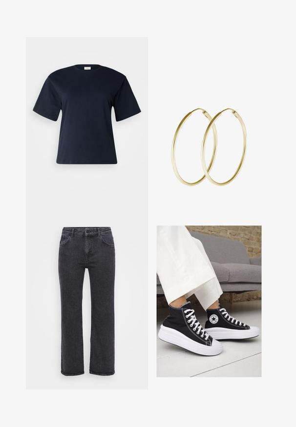 ONLY Carmakoma CARLIVING - Trükipildiga T-särk - naval academy; Mustad teksased mustast denimist, sirge jala disainiga, viie tasku ja nupuga kinnitusega. Kanga tekstuur on veidi kulunud ja tugev õmblus.; Mustad musträgiga kõrge vars sneakerid valgete kummist tallade ja paeltega. Küljel on ringikujuline logo ja kontrastne valge õmblus.; Kuldne rõngaskõrvarõngad, millel on sujuv ja ümar disain, ning läikiv viimistlus. Kerge konstruktsioon koos kindla klambriga.