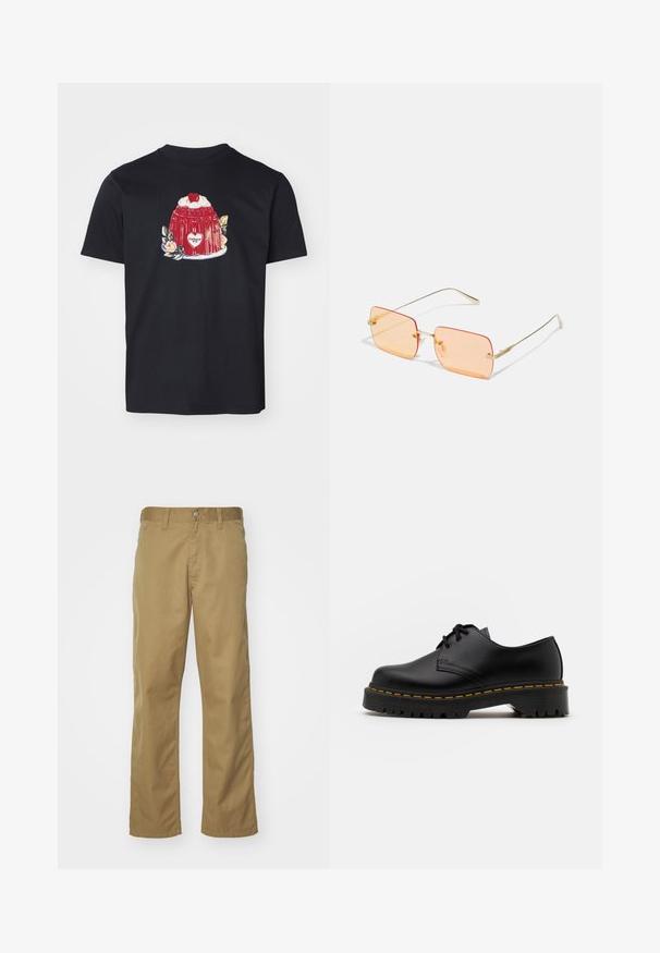 Camiseta de algodón negra con un gráfico colorido de un postre de gelatina roja cubierto con crema batida y una cereza, acentuado por diseños florales.; Chinos caqui con diseño de pierna recta, elaborados en una suave tela de algodón. Cuentan con un cierre frontal de botón y bolsillos laterales.; Zapato negro de cuero con cordones, punta redondeada, suela de goma texturizada y costuras amarillas alrededor de la base. Diseño plano y acabado suave.; Gafas de sol con montura de metal dorado y lentes rectangulares de color naranja. Brazos delgados distintivos y sutiles acentos texturizados cerca de las bisagras.