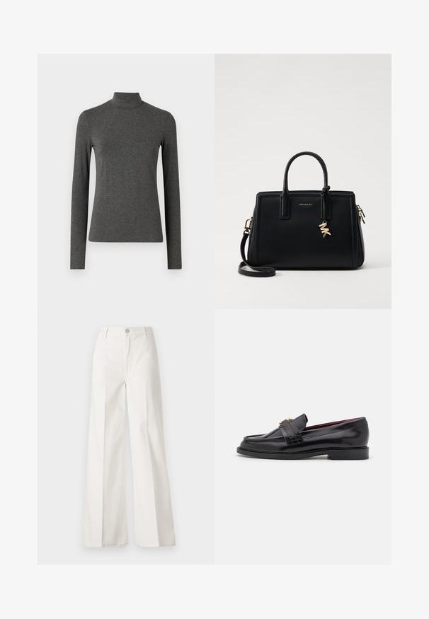 Weekend Max Mara MULTIF - Long sleeved top - grigio scuro; White wide-leg trousers made from cotton with a smooth texture. Features a front button, zipper fly, and four-pocket design.; Black leather loafers with a stitched pattern, smooth texture, gold buckle detail, and a rounded toe, set on a low black sole.; Black leather handbag with structured design, dual top handles, detachable shoulder strap, gold hardware, and a logo charm accent.