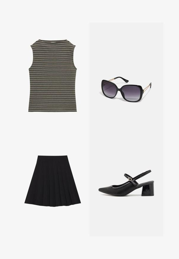 Tielko bez rukávov s čiernobielym pruhovaným vzorom, ktoré má rebrovanú textúru a klasický okrúhly výstrih.; Čierna plisovaná sukňa vyrobená z textúrovanej látky s priliehavým pásom. Padá do dĺžky po kolená a má hladký, čistý siluetu.; Čierne lakované kožené lodičky so slingback dizajnom, špicatou špičkou, zaobleným výrezom a blokovým podpätkom. Obsahuje akcent zlatého tónu s prackou.; Čierne oversized slnečné okuliare s gradientovými sklíčkami, hrubými rámami a zlatým retiazkovým detailom na stranách.; Čierna kabelka so štruktúrovaným tvarom, hladkou textúrou a kovovou sponou. V kombinácii so širokými čiernymi nohavicami a sandálmi s otvorenou špičkou na drevenej podlahe.