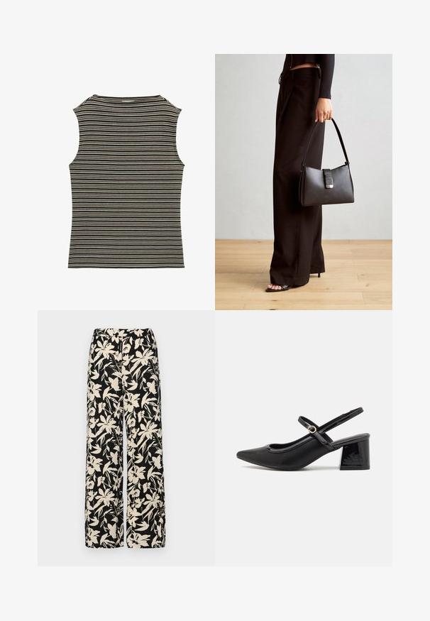 Ärmelloses Oberteil mit einem schwarz-weißen gestreiften Muster, das eine gerippte Textur und einen klassischen Rundhalsausschnitt aufweist.; Schwarze weit geschnittene Hose mit einem cremefarbenen Blumenmuster. Hergestellt aus leichtem Stoff, mit einer glatten Textur und einem hohen Bund.; Schwarze Lackleder-Slingback-Absätze mit spitzer Zehenform, einem runden Ausschnitt-Design und einem Blockabsatz. Mit einem goldfarbenen Schnallenakzent.; Schwarze Handtasche mit strukturierter Form, glatter Textur und einem metallischen Verschluss. Kombiniert mit weiten schwarzen Hosen und offenen Sandalen auf einem Holzboden.