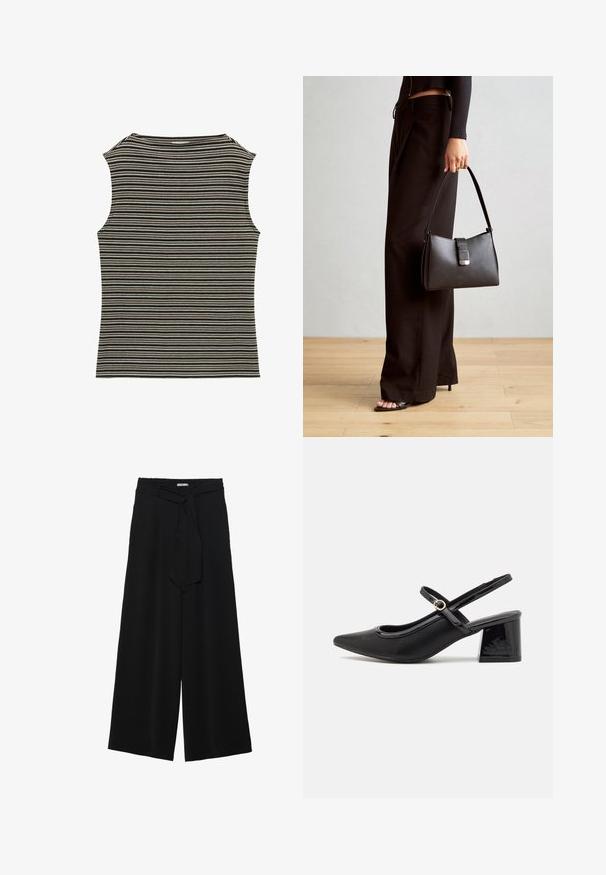Bezrukávový top s černo-bílým pruhovaným vzorem, který má žebrovanou strukturu a klasický kulatý výstřih.; Černé kalhoty s širokými nohavicemi, vyrobené z texturované tkaniny, s elastickým pasem a odnímatelným páskem na úpravu velikosti.; Černé lakované lodičky s otevřenou patou, špičatou špičkou, zaobleným střihem a blokovým podpatkem. Zdobené akcentem v zlatém tónu.; Černá kabelka se strukturovaným tvarem, hladkým povrchem a kovovým uzávěrem. Kombinována s širokými černými kalhotami a sandály s otevřenou špičkou na dřevěné podlaze.