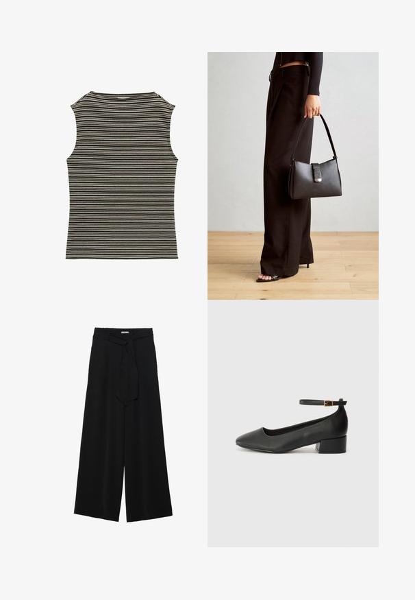 Hihaton paita, jossa on musta-valkoinen raidallinen kuosi, jossa on ribattu pinta ja klassinen pyöreä kaula-aukko.; Mustat leveät housut, joissa on teksturoitu kangas, joustava vyötärö ja irrotettava nauha vyötäröllä säädettävää istuvuutta varten.; Mustat nahkakengät, joissa on terävä kärki ja matala lohkare korko. Varustettu nilkkahihnalla, jossa on kultasävyinen solki. Lisää sileä pinta.; Musta käsilaukku, jossa on rakenteellinen muoto, sileä pinta ja metallinen solki. Yhdistetty leveisiin mustiin housuihin ja avonaiheisiin sandaaleihin puulattialla.