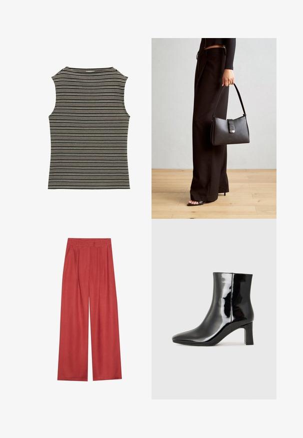 Ujjatlan felső fekete-fehér csíkos mintával, bordázott textúrával és klasszikus kerek nyakkivágással.; Széles lábú nadrág gazdag terrakotta színben, texturált anyagból, elülső redőkkel és klasszikus derekkal.; Fekete lakk bőrcipő bokáig érő, hegyes orral és közepes magasságú tömbsarokkal. Simább textúrával és minimalista dizájnnal rendelkezik.; Fekete kézi táska strukturált formával, sima textúrával és fémből készült záródással. Széles fekete nadrággal és nyitott orrú szandállal párosítva, fából készült padlón.