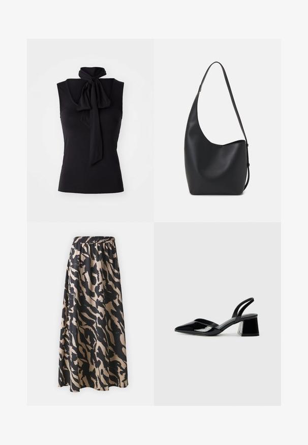 Juodas be rankovių topas iš minkštos, tamprios medžiagos, su raišteliu kaklo srityje. Paprastas dizainas su aptemptu siluetu.; Juodas ir bežinis ilgas sijonas su elastinga juosta, turintis abstraktų gyvūnų raštą ir laisvą siluetą.; Juodos lakuotos odinės šlepetės su smailiu pirštu ir geometriniu bloko kulnu. Turi elegantišką, minimalistinį dizainą ir lygų paviršių.; Juodas odinis hobo maišas su lygiu paviršiumi, kreipta forma ir viena reguliuojama rankena; turi platų atidarymą viršuje.