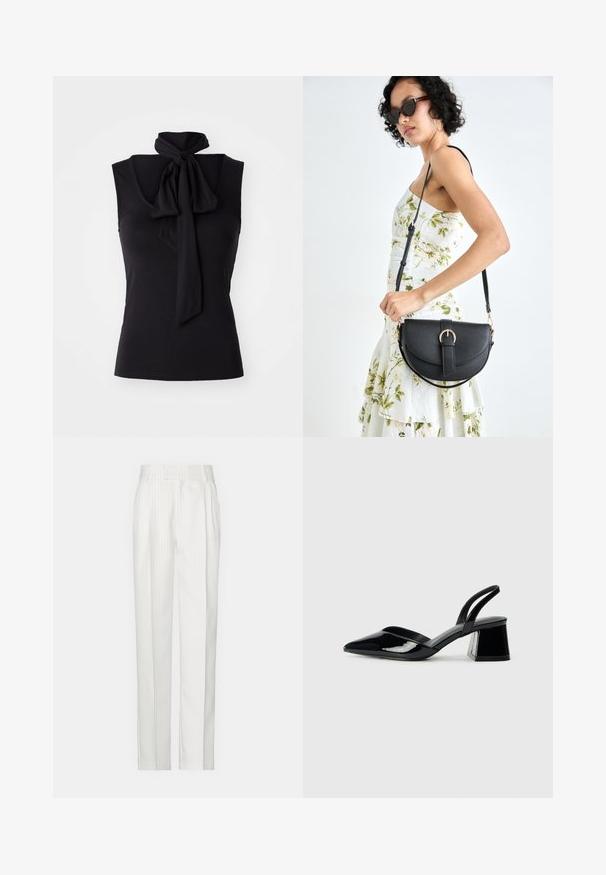 Fekete ujjatlan felső puha, rugalmas anyagból, nyakkivágáson megkötő részlettel. Egyszerű dizájn, testhezálló fazon.; Fehér csíkozott nadrág, egyenes lábformával, könnyű anyagból készült. Elöl plisszírozott rész és hagyományos derékszíj jellemzi.; Fekete lakk bőr szandálkés magas sarkú cipő, hegyes orral és geometrikus tömbsarkakkal. Karcsú, minimalista dizájn és sima textúra jellemzi.; Fekete bőrtáska ívelt formával, levehető pánttal és arany színű fémrészekkel. A táskán egy csattal díszített fedél található.