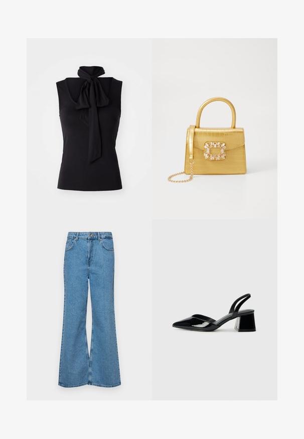 Fekete ujjatlan felső puha, rugalmas anyagból, nyakkivágáson megkötő részlettel. Egyszerű dizájn, testhezálló fazon.; Világoskék, trapézszárú farmernadrág, magas derékkal, öt zsebbel és egy gombos záródással. Puha tapintású, magasított effektusú anyag.; Fekete lakk bőr szandálkés magas sarkú cipő, hegyes orral és geometrikus tömbsarkakkal. Karcsú, minimalista dizájn és sima textúra jellemzi.; Sárga műbőr krokodil mintás kézitáska strukturált kialakítással, felső fogantyúval, leválasztható lánccal és díszes kristály díszítéssel a záron.