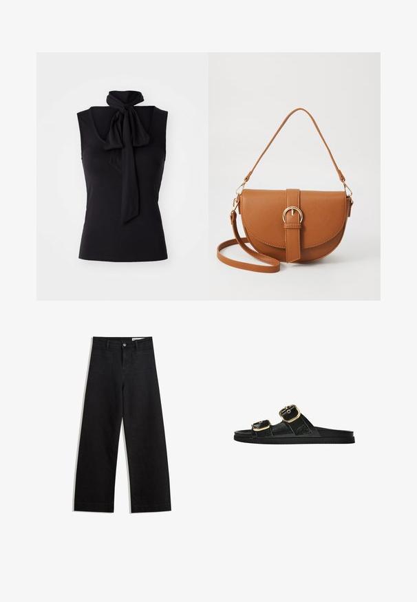 Black sleeveless top in soft, stretchy fabric with a tie detail at the neckline. Simple design with a fitted silhouette.; Black wide-leg denim pants with a high waist, featuring front and back pockets, stitched seams, and a button closure. Smooth texture.; Black slide sandal with two gold buckle accents, smooth textured material, flat sole, and a minimalist design.; Brown leather crossbody bag with a curved shape, gold hardware, and a buckle accent. Features a detachable shoulder strap.