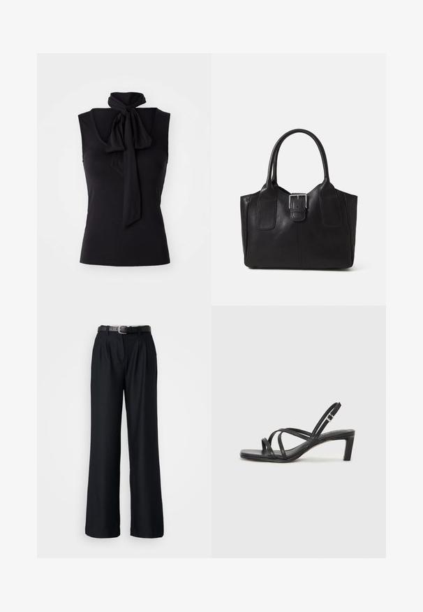 Juodas be rankovių topas iš minkštos, tamprios medžiagos, su raišteliu kaklo srityje. Paprastas dizainas su aptemptu siluetu.; Juodos plačių kojų kelnės, pagamintos iš sklandžios medžiagos, su priekinių raukšlių detalėmis ir atitinkamu juodu diržu su sidabriniu užsegimu.; Juodi šlepetės su kvadratiniu pirštu ir žemu bloku kulnu. Yra keli ploni dirželiai ir reguliuojamas kulkšnies diržas. Pagaminti iš lygios odos.; Juodas odinis nešiojamas krepšys su lygiu paviršiumi, struktūrine forma, dviem rankenėlėmis ir ryškiu sidabriniu sagties akcentu priekyje.; Sidabrinis dvigubas žiedas su lygiu, poliruotu paviršiumi. Pasižymi sklandžiu, kreiptu dizainu su persipinančiomis dalimis, suteikiančiomis modernų išvaizdą.