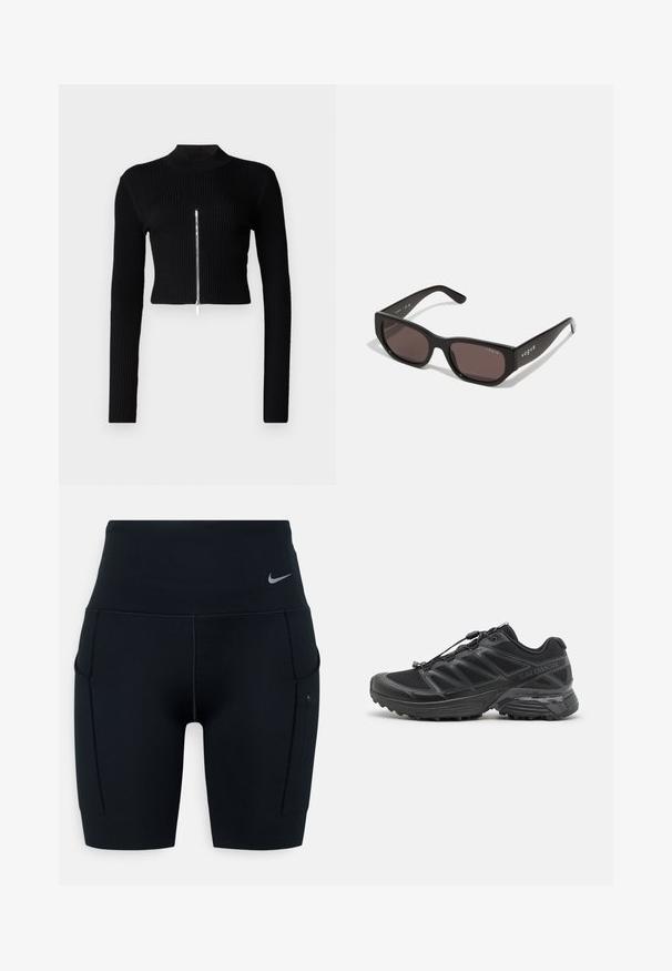 Svart ribbad kortärmad tröja med lång ärm, hög halsringning och en central metalldetalj med dragkedja. Slät textur och figurnära design.; Svarta högmidjade träningsshorts gjorda av elastiskt material; har sidofickor och en liten Nike-logotyp på midjebandet.; Svart löparskor med ovandel i mesh och syntetmaterial, flexibel yttersula och elastiska snören. Har en dämpad mellansula för komfort.; Svarta rektangulära solglasögon med mörka linser. Har en slät plastbåge och logobrand på skalmen. Ren, modern design.