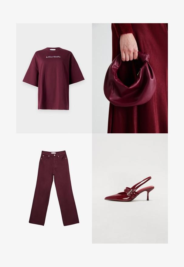 Bordeaux-korte mouwen T-shirt van katoen met een ontspannen pasvorm. Heeft een witte "LeGer Studio" logo op de borst. Soepele textuur, eenvoudig ontwerp.; Bordeaux hoge taille jeans met een rechte pijpdesign, voorzien van voorzakken, een knoopsluiting en accenten in koperkleurig beslag.; Rode gepatenteerde leren slingbackhakken met een spitse neus, twee gespsluitingen en een slanke, middelhoge stilettohak. Glad textuur.; Bordeaux leren handtas met een zacht, gegathered ontwerp en een ronde vorm. De handgreep is stevig bevestigd en toont een gladde textuur.
