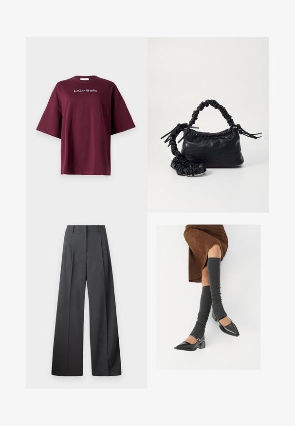 Bordová trička s krátkým rukávem vyrobená z bavlny s volným střihem. Na hrudi se nachází bílé logo "LeGer Studio". Hladká textura, jednoduchý design.; Široké kalhoty z tmavě šedé látky, s vysokým pasem, jedním skladem a hladkou texturou s čistým zakončením na lemech.; Černé lakované boty s špičatou špičkou, blokovým podpatkem a kotníkovým páskem, spárované s šedými žebrovanými návleky na nohy a hnědskou sukní z semiše.; Černá kabelka z umělé kůže s krokodýlím vzorem, staženým vrškem a zmačkaným popruhem. Zdá se, že má měkký a kompaktní design.