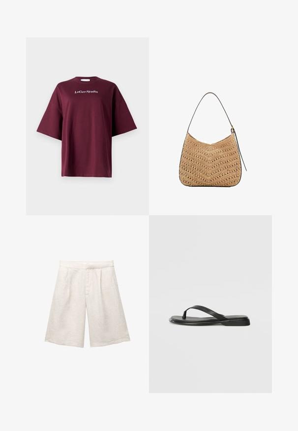 Burgundowa koszulka z krótkim rękawem wykonana z bawełny, o luźnym kroju. Posiada białe logo "LeGer Studio" na piersi. Gładka tekstura, prosty design.; Beżowe lniane szorty o szerokich nogawkach, z plisami z przodu i gładkim pasem. Materiał ma lekko teksturowane wykończenie.; Czarne klapki wykonane z gładkiej skóry, z cienkim paskiem i płaską podeszwą o minimalistycznym profilu. Brak widocznych wzorów lub akcentów.; Woven straw shoulder bag in a curved shape, with a dark leather strap and a textured surface featuring a chevron pattern.; Złote kolczyki mają nieregularne teksturowane kształty, ozdobione zielonymi kamieniami szlachetnymi i białymi perłami, zapinane na zapięcia typu clip-on.