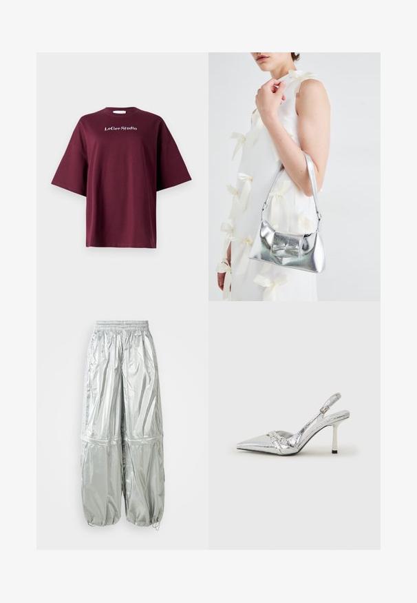 Burgundijska majica s kratkim rukavima od pamuka sa opuštenim krojem. Ima bijeli logo "LeGer Studio" na prsima. Glatka tekstura, jednostavan dizajn.; Srebrne lagane cargo hlače s sjajnom teksturom, elastičnim pojasom, naboranim manžetama i dvije velike prednje džepove.; Srebrna slingback salonska cipela s oštrim prstom, metalik završnom obradom, dva dekorativna remena i vitkim potplatom s crnim vrhom.; Srebrna metalik torbica sa strukturiranim oblikom, s gornjom drškom i detaljem mašne sprijeda. Glatka tekstura, reflektirajući finiš.