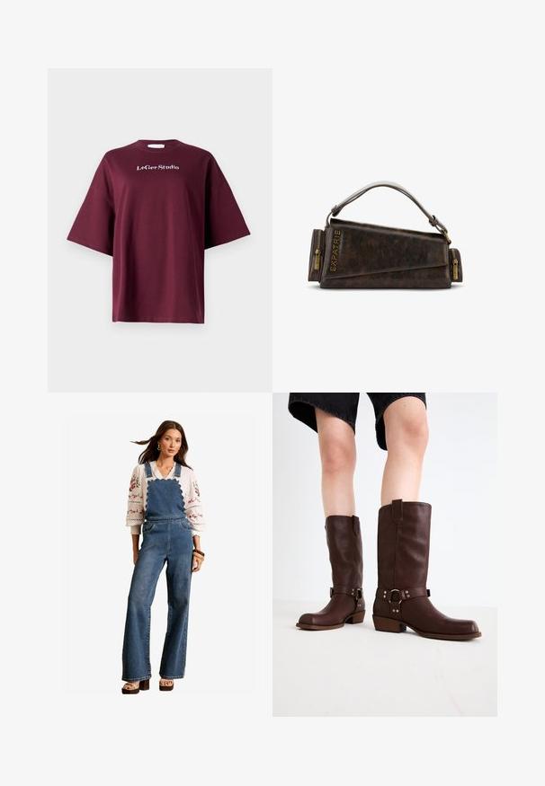 Burgundi rövidujjú póló, amely pamutból készült, laza szabású. Az elülső részen fehér "LeGer Studio" logó található. Sima textúra, egyszerű dizájn.; Denim overáll, hullámos mintával a mellrészen, trapéz lábakkal és oldalsó zsebekkel. Fehér hímzett blúzzal és fa kiegészítőkkel párosítva.; Barna bőr, térd feletti csizmák kerek orral, textúrázott felülettel, bokapánttal és ezüst hardware részletekkel; rétegezett sarokkal.; Barna bőr kézitáska geometrikus mintával, felső fogantyúval és sárgaréz cipzár díszítéssel. A logó a táska oldalán van bedomborítva.
