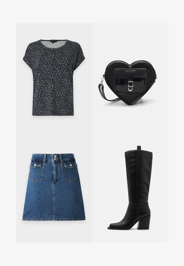 Musta ja harmaa leopardikuosiset t-paita, jossa rento leikkaus, pyöreä kaula-aukko ja lyhyet hihat. Valmistettu pehmeästä ja kevyestä kankaasta.; Syväharmaa farkkuhame, jossa on muotoiltu vyötärö, kaksi etutaskua, kaksi takataskua ja hopeanväriset nappikiinnitykset.; Mustat nahkaiset polvisukat, joissa on neliön muotoinen kärki, kapeneva korko ja pystysaumayksityiskohta ulkopinnalla. Silkkinen rakenne.; Mustan sydämenmuotoisen laukun, joka on valmistettu lakatun nahasta, etupussissa on solki sulkeminen ja irrotettava hihna. Hopeiset kivetekstit.