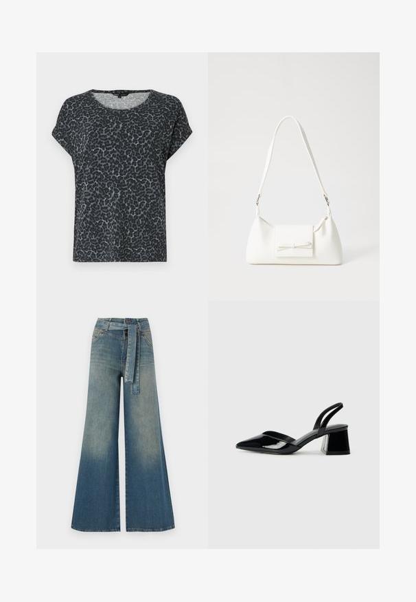 T-shirt à imprimé léopard noir et gris avec une coupe décontractée, un col rond et des manches courtes. Fait en tissu léger et doux.; Pantalons en denim à jambe large présentant un dégradé de bleu clair à bleu foncé, taille haute, passants de ceinture et une ceinture en tissu assortie. Finition en denim texturé.; Escarpins en cuir verni noir avec bout pointu et talon bloc géométrique. Présente un design élégant et minimaliste ainsi qu'une texture lisse.; Sac à main synthétique blanc en forme triangulaire, avec un rabat avant plat et un détail en nœud, une bandoulière ajustable, une texture lisse et un design minimaliste.