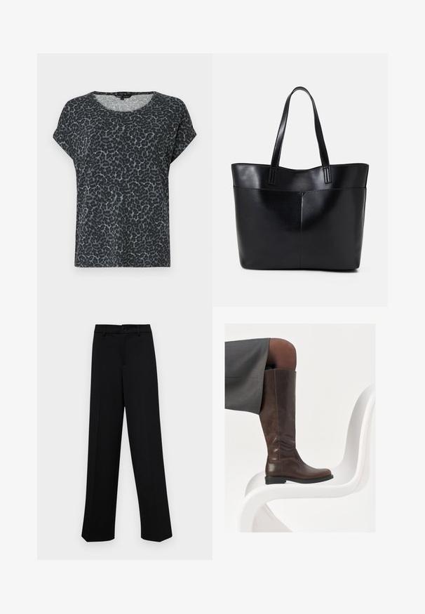 Zwarte en grijze luipaardprint t-shirt met een ontspannen pasvorm, ronde hals en korte mouwen. Gemaakt van zachte, lichte stof.; Zwarte wijde broek gemaakt van gladde stof, met een klassieke tailleband met een knoopsluiting en voorplooien.; Bruine leren knie-hoge laars met een ronde neus, een soepele textuur en minimale stikseldetails, tegen een lichte achtergrond op een witte stoel.; Zwarte leren tote bag met twee lange handvatten, een zachte textuur en een gestructureerde vorm. Voorzien van een voorvak voor extra opslagruimte.