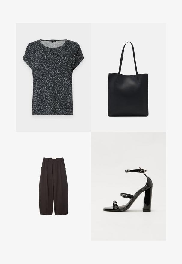 T-shirt w leopardim wzorze w odcieniach czerni i szarości, o luźnym kroju, okrągłym dekolcie i krótkich rękawach. Wykonany z miękkiego, lekkiego materiału.; Czarne spodnie o szerokich nogawkach wykonane z gładkiego materiału, z wysokim stanem, plisami z przodu i bocznymi kieszeniami. Prosty fason bez zdobień.; Czarne lakierowane sandały na obcasie z kwadratowym noskiem, z paskami wokół kostki i srebrnymi klamrami. Posiadają masywny słupek dla stabilności.; Czarna skórzana torba tote o gładkiej fakturze, prostokątnym kształcie i dwóch długich uchwytach. Brak widocznych elementów metalowych i ozdób.