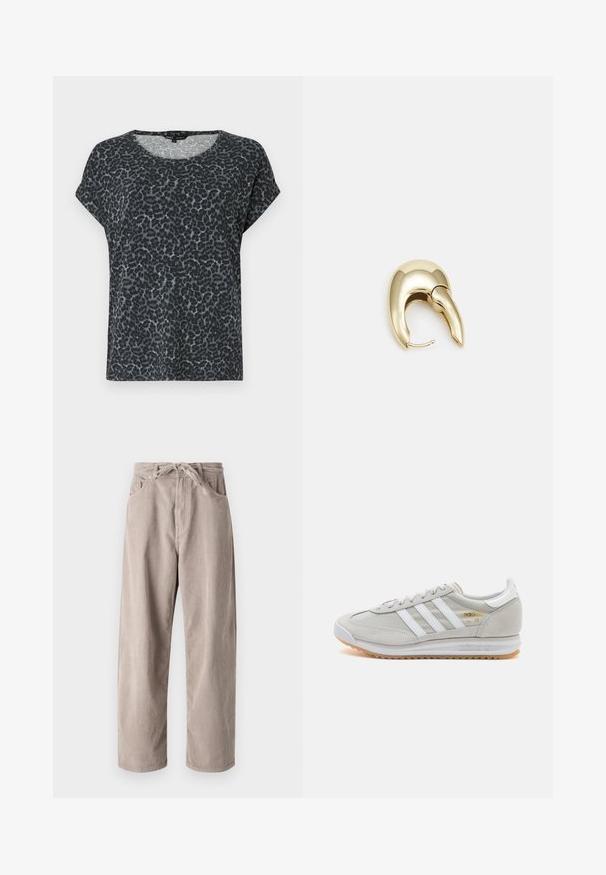 Black and gray leopard print t-shirt with a relaxed fit, round neckline, and short sleeves. Made from soft, lightweight fabric.; Beige corduroy trousers with a loose fit, featuring a drawstring waist, two front pockets, and vertical ribbed texture.; Light grey sneaker made of suede and mesh, featuring three white stripes, round toe, and a gum rubber sole. Gold logo accent near laces.; Gold-tone metal earring with a sleek, curved design. Features a distinctive pointed shape, polished surface, and hinge closure.