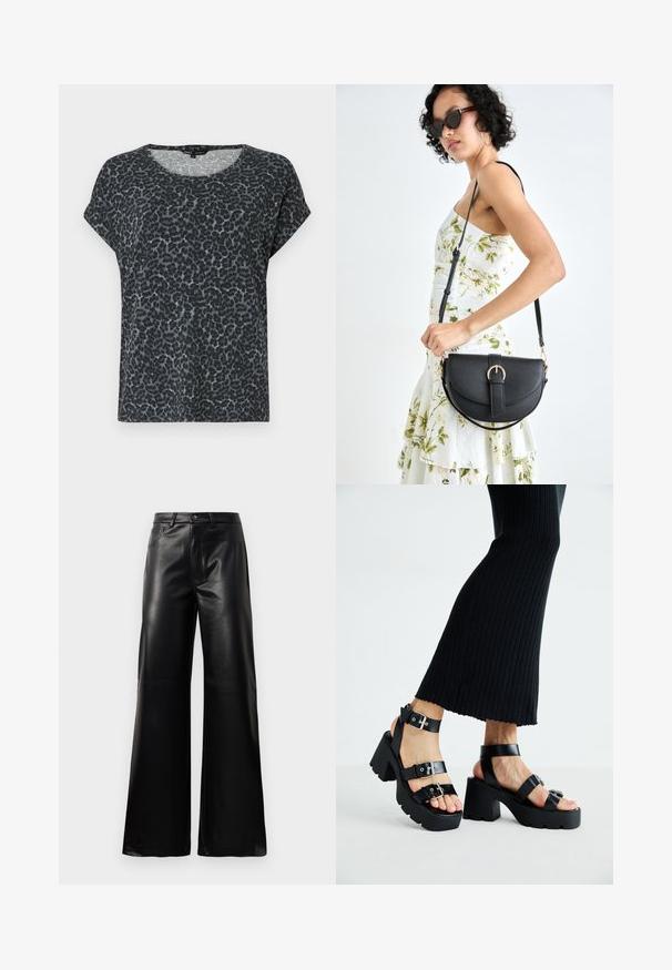 Black and gray leopard print t-shirt with a relaxed fit, round neckline, and short sleeves. Made from soft, lightweight fabric.; Black high-waist wide-leg faux leather pants with front button, zip closure, belt loops, and side pockets on white background.; Black platform sandals with chunky, lug soles and multiple straps, featuring metal buckles and a smooth leather-like texture.; Black leather handbag with a curved shape, detachable strap, and gold hardware. The bag features a flap with a buckle detail.