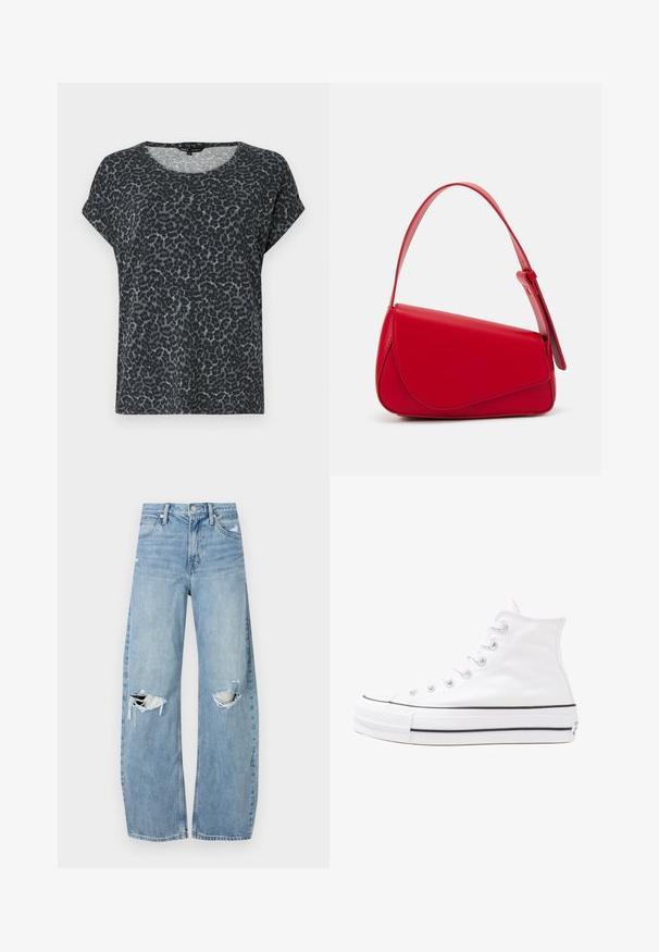 Tricou cu imprimeu de leopard negru și gri, cu un croi lejer, guler rotund și mâneci scurte. Fabricat dintr-un material moale și ușor.; Jeans de denim, de un bleu deschis, cu talie înaltă. Au picioare late, două zone rupte la genunchi și un stil clasic cu cinci buzunare.; Adidași albi tip pantofi sport cu glezna din pânză, cu talpă din cauciuc negru, capac de vârf din cauciuc frontal și șase ochiuri pentru șireturi, având un design curat și minimalist.; Geantă de mână din piele roșie, cu un design unghiular și geometric. Dispune de o singură curea ajustabilă și un sistem de închidere cu clapetă, cu detalii cusute.