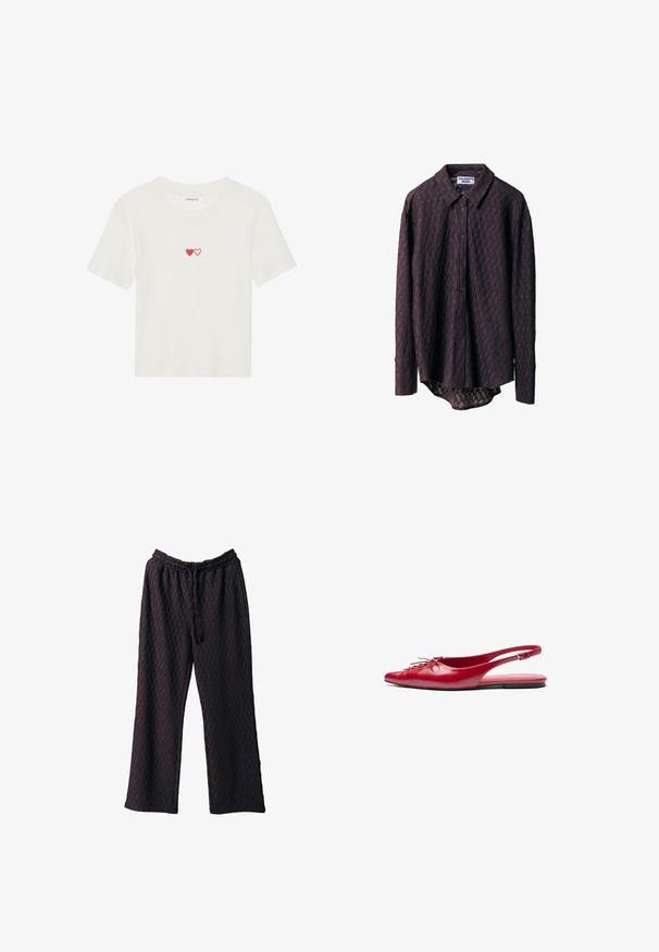 Baltas ryškus trumpomis rankovėmis marškinėliai su dviem raudonais širdelėmis siuvinėtomis krūtinėje. Minkšta medžiaga su klasikiniu apvaliu kaklu.; Ilgų rankovių mygtukų marškiniai tamsiai violetinės spalvos, su tekstūruotu dizainu, subtiliu deimantų raštu ir išlenktu apvadu.; Tamsiai purpurinės plačios kojų kelnės, pagamintos iš tekstūruoto audinio, su elastine juostos dalimi ir raišteliu, leidžiančiu pritaikyti dydį.; Raudoni odiniai slingback baja su smailiu pirštu ir dekoratyviu raišteliu priekyje, turintis ploną kulkšnies dirželį ir plokščią padą.