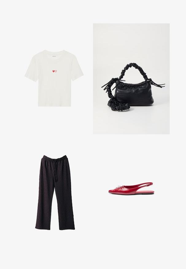 Bela rebrasta majica s kratkimi rokavi, ki ima na prsih vezenina dveh rdečih src. Mehka tkanina s klasičnim krojem vratu.; Temno vijolične široke hlače iz strukturnega blaga, ki imajo elastičen pas in zategovalno vrvico za nastavljivo prileganje.; Rdeče usnjene balerinke s prstnim koncem in okrasnim vezanjem spredaj, opremljene s slim trakovi okoli gležnja in ravnim podplatom.; Črna torbica iz umetnega usnja s krokodilovo teksturo, z zvitim vrhom in zmečkano naramico. Zdi se mehka in kompaktna v oblikovanju.
