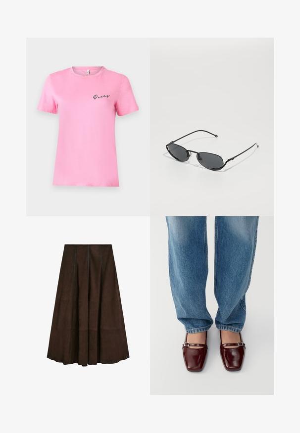Korte mouw roze katoenen t-shirt met een ronde hals en zwarte geborduurde tekst "Party" op de linkerborst. Glad textuur en eenvoudig ontwerp.; Bruine suède midi-rok met een uitlopende ontwerp en verticale naaddetails, met een gladde textuur en een brede zoom.; Bordeaux lakleren schoenen met een vierkante neus en enkelband, gecombineerd met lichtblauwe losse spijkerbroek. De schoenen hebben een glanzende afwerking.; Zwarte zonnebril met smalle ovale lenzen, dunne metalen monturen en verstelbare neuspads. Heeft een strakke, minimalistische uitstraling.