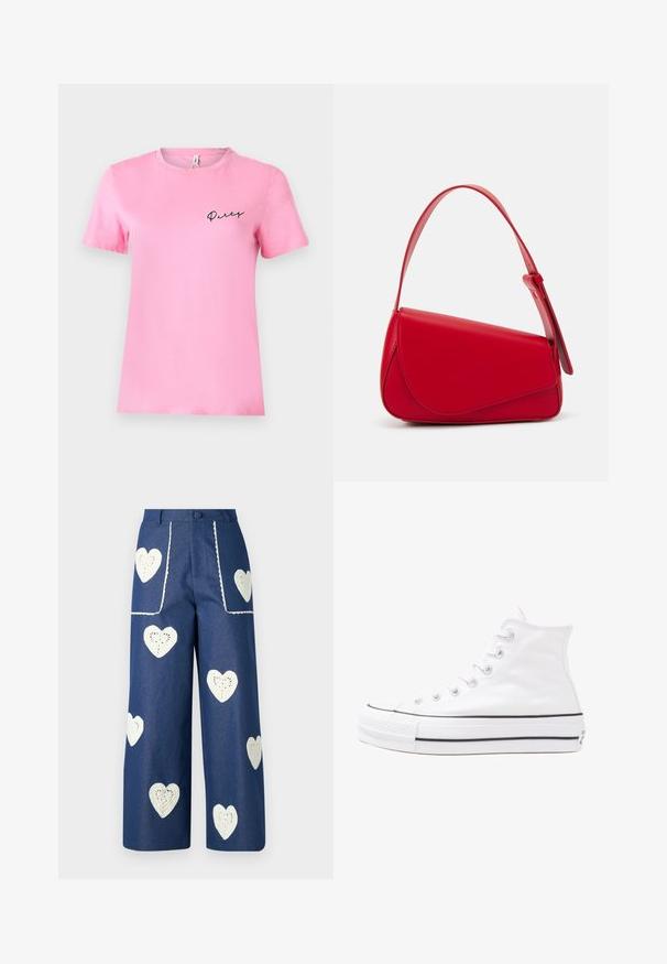 Korte mouw roze katoenen t-shirt met een ronde hals en zwarte geborduurde tekst "Party" op de linkerborst. Glad textuur en eenvoudig ontwerp.; Sister Jane HEART TO HEART - Straight leg jeans - blue denim; Witte high-top canvas sneakers met een zwarte rubberen zool, een rubberen neuskap aan de voorkant en zes gaatjes voor veters, met een schone, minimalistische uitstraling.; Rode leren handtas met een hoekig, geometrisch ontwerp. Beschikt over een enkele verstelbare schouderriem en een klepclosure met gestikte details.