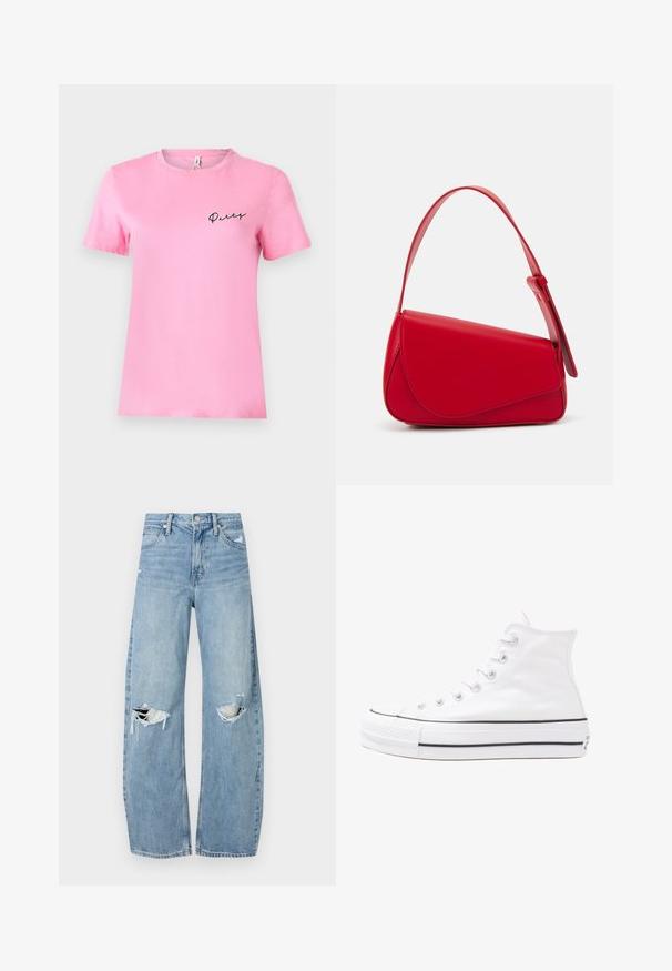 Short-sleeve pink cotton t-shirt with a round neck and black "Party" text embroidered on the left chest. Smooth texture and simple design.; Light blue, high-waisted jeans made of denim. Feature wide legs, two torn knee areas, and classic five-pocket styling.; White high-top canvas sneaker with black rubber sole, front rubber toe cap, and six eyelets for laces, featuring a clean, minimalist design.; Red leather handbag with an angular, geometric design. Features a single adjustable strap and a flap closure with stitched detailing.