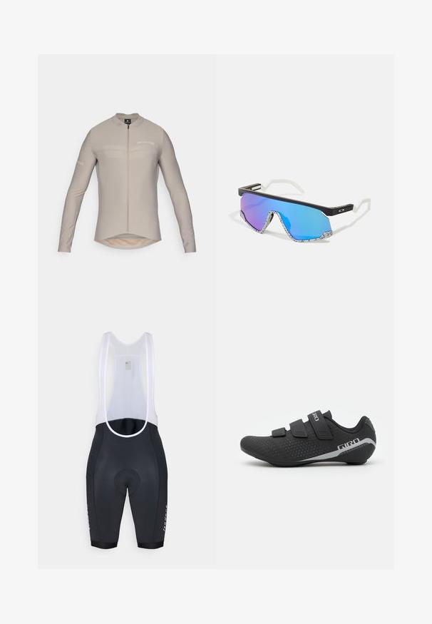 Maillot de cyclisme beige clair à manches longues avec un col haut, fermeture éclair avant et un logo discret. Il présente une chute à l'arrière et une texture de tissu lisse.; Bib shorts de cyclisme noirs avec des bretelles en mesh blanches, zone de siège rembourrée et un logo sur la jambe. Matériau lisse avec une coupe ajustée.; Giro STYLUS - Chaussures de cyclisme - black; Lunettes de sport avec une monture noire, des accents blancs et des verres miroitants dégradés bleus. Branches texturées avec un motif blanc et noir.