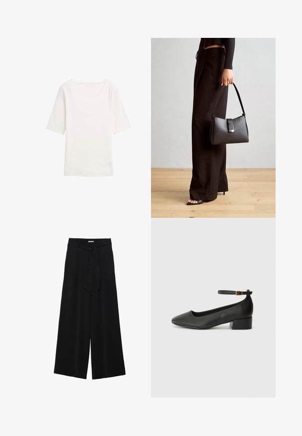 Camiseta blanca de manga corta con cuello redondo, hecha de una tela suave. Textura lisa, diseño sencillo y sin patrones o acentos visibles.; Pantalones de pierna ancha negros con un tejido texturizado, una cinturilla elástica y un lazo desmontable en la cintura para un ajuste ajustable.; Zapato de tacón negro de cuero con punta afilada y tacón bajo cuadrado. Presenta una correa para el tobillo con una hebilla en tono dorado. Textura suave.; Bolso negro con forma estructurada, textura suave y un cierre metálico. Combinado con pantalones anchos negros y sandalias de dedo en un suelo de madera.