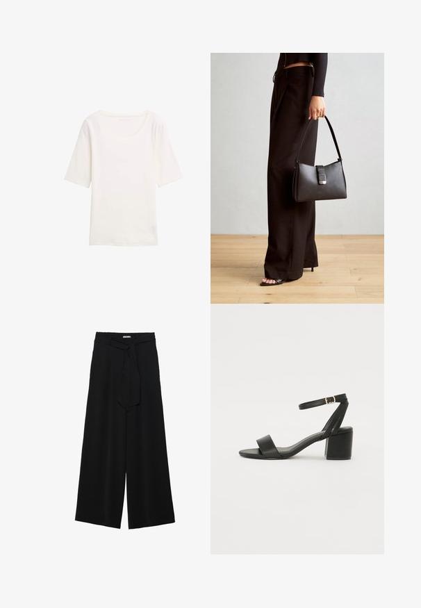Camiseta blanca de manga corta con cuello redondo, hecha de una tela suave. Textura lisa, diseño sencillo y sin patrones o acentos visibles.; Pantalones de pierna ancha negros con un tejido texturizado, una cinturilla elástica y un lazo desmontable en la cintura para un ajuste ajustable.; Sandalia de tacón negro con parte superior de cuero suave, punta abierta, tiras frontales anchas y correa ajustable en el tobillo con detalle de hebilla dorada.; Bolso negro con forma estructurada, textura suave y un cierre metálico. Combinado con pantalones anchos negros y sandalias de dedo en un suelo de madera.