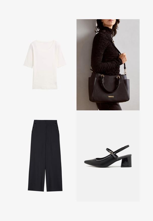 Balta trumpa rankovė t-shirt marškinėliai su apvaliu iškirpimu, pagaminti iš švelnios medžiagos. Lygus paviršius, paprastas dizainas, be matomų raštų ar akcentų.; Platus kojas kelnes tamsiai mėlynos spalvos audiniu, pasižyminčiu lygiu paviršiumi, su priekine kloste ir dekoratyviais auksinės spalvos žiedais šonuose esančiose kišenėse.; Juodi patentinio odos slingback aukštakulniai su smailiu pirštu, apvaliu išpjovimu ir blokiniu kulnu. Papuošti auksiniu juostos akcentu.; Juodas rankinės maišelis su struktūrizuota paviršiumi, dvigubais viršutiniais rankenėlėmis ir reguliuojamu peties diržu. Įrengtas aukso spalvos furnitūra ir šoninės kišenės.