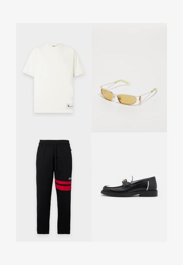 Hvit bomull T-skjorte med rund hals, korte ermer og et kvadratisk merke nederst til venstre med en logo. Glatt tekstur, uformelt design.; Svart joggebukse med kontrasterende røde striper og logo på siden. Har elastisk midjebånd med snøring og innsnevrede ankelmanchetter.; Sorte læder loafersko med rund tå, hvide accenter og guldfarvet hardware på vampen. Har en tekstureret lap og stablet hæl.; Gule tonede solbriller med en gennemsigtig guldramme, slank rektangulær form og vinklede arme med lys grønne accenter.