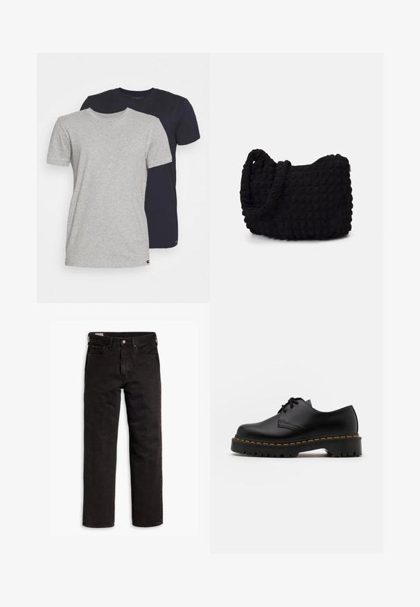 Dos camisetas de cuello redondo: una de color gris jaspeado y otra de color azul marino. Ambas son de manga corta, de material de algodón con una textura suave y un corte estándar.; Vaqueros de mezclilla negros de pierna recta con cinco bolsillos, cierre de botón y trabillas para cinturón, dispuestos sobre un fondo blanco.; Zapato negro de cuero con cordones, punta redondeada, suela de goma texturizada y costuras amarillas alrededor de la base. Diseño plano y acabado suave.; Bolsa de tela negra con un patrón texturizado y acolchado. Forma redondeada, asas cortas y gruesas, y una estructura blanda y flexible.