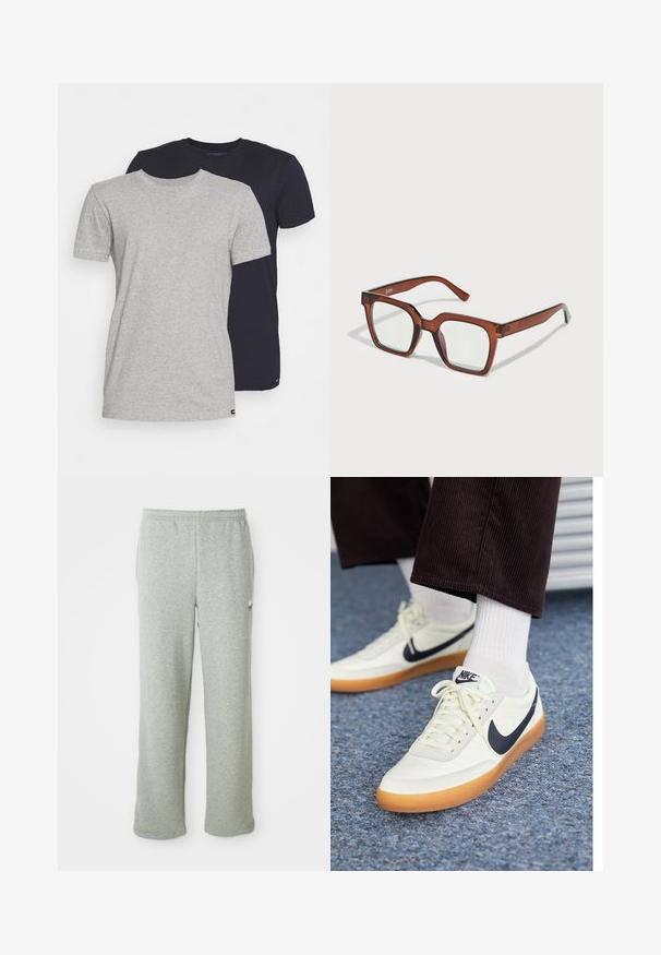 Dwie koszulki z okrągłym dekoltem: jedna w kolorze heather gray, druga w kolorze granatowym. Obie mają krótkie rękawy, wykonane są z bawełnianego materiału o gładkiej fakturze i standardowym kroju.; Szare spodnie dresowe wykonane z miękkiej mieszanki bawełny, z elastycznym paskiem w talii, prostymi nogawkami oraz małym logo po lewej stronie.; Białe skórzane sneakersy Nike z granatowym swooshem, z gumową podeszwą i białymi sznurówkami, w połączeniu z białymi skarpetkami do kostek i ciemnymi spodniami z korduroju.; Brązowe, przerośnięte prostokątne okulary z przezroczystymi soczewkami i lekkim różowym odcieniem na prawej soczewce. Plastikowa oprawka o gładkiej fakturze.