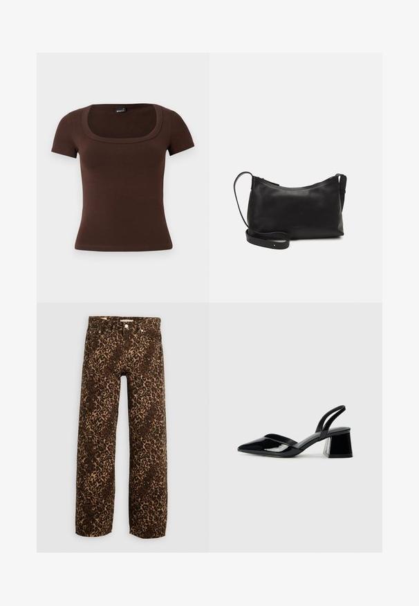 Brūna īsām piedurknēm T-kreklā ar kvadrātu izgriezumu, ribota tekstūra, pieguļošs dizains un mīksta auduma apdare. Minimāla detaļošana, bez rotājumiem.; Leparda raksta platā kāju džinsi brūnā un sarkanā krāsā. Izgatavoti no denima, tiem ir klasiskā piecu kabatu dizains un metāla akcenti.; Melna lakota āda ar atvērto papēdi, ar smailu purngalu un ģeometrisku blokpapēdi. Iezīmējas elegants, minimāls dizains un gluda tekstūra.; Melna ādas plecu soma ar gludu tekstūru, izliekta forma, regulējama siksna un rāvējslēdzēja aizdare. Minimālistisks dizains bez rotājumiem.