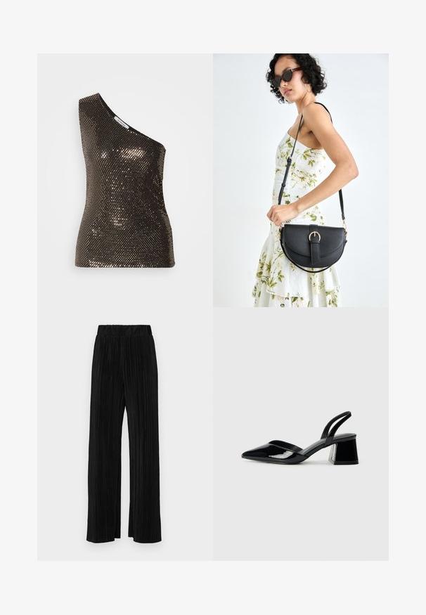 Haut noir à sequins avec un design asymétrique, présentant une silhouette ajustée et une texture brillante, capturant la lumière avec des sequins dorés de différentes tonalités.; Pantalons plissés noirs avec une taille élastique. Présente des jambes larges et un tissu lisse texturé avec des rayures verticales.; Escarpins en cuir verni noir avec bout pointu et talon bloc géométrique. Présente un design élégant et minimaliste ainsi qu'une texture lisse.; Sac à main en cuir noir avec une forme courbée, bandoulière amovible et des accessoires en or. Le sac est doté d'un rabat avec un détail de boucle.