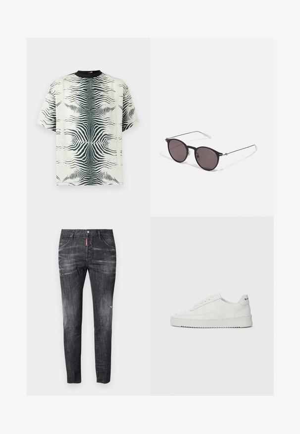 Tricou cu mânecă scurtă dintr-un material crem, cu un model de dungi negre de zebră, având un guler tip echipaj și o croială lejeră.; Jeans din denim gri închis, cu o croială slim, ușor decolorate, cu semne de uzură pe coapse, cinci buzunare și un detaliu de etichetă roșie contrastantă.; Sneakers din piele albă cu un finisaj neted, vârf rotund, șireturi plate și o talpă texturată. Prezintă un logo subtil pe călcâi.; Ochelari de soare negri rotunzi cu lentile întunecate și brațe metalice subțiri. Include vârfuri transparente pentru brate și accente argintii la balama. Design minimalist.