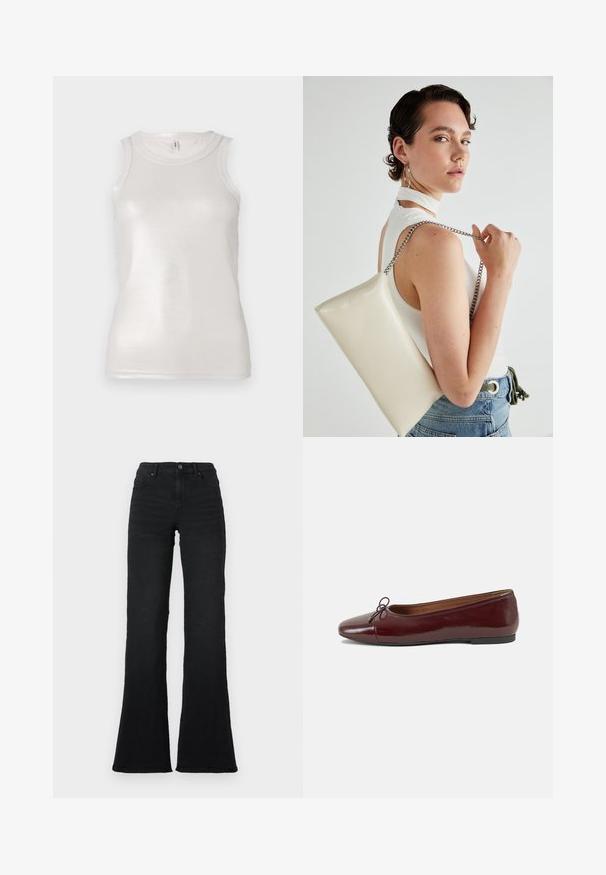 Camisola sem mangas creme com um design justo, textura canelada e um brilho subtil, apresentando um decote redondo simples.; Jeans pretos de cintura alta, em forma de sino, com bolsos frontais, passantes para cinto e fecho de botão, sobre um fundo branco.; Bailarinas em couro sintético borgonha com bico redondo, pequeno laço na frente e sola baixa em borracha preta. Textura suave.; Bolsa de mão retangular branca, feita de material brilhante, com uma alça em corrente prateada. Modelo posa, exibindo a bolsa contra um fundo simples.