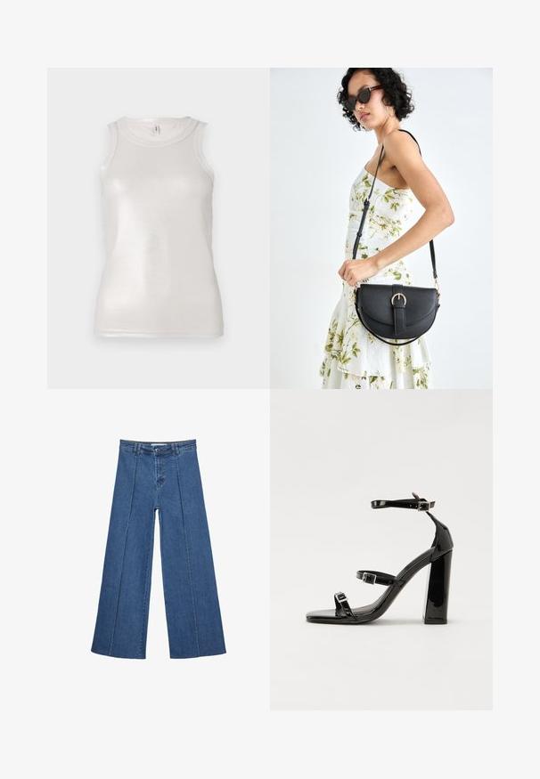 Krämfärgad linne med en åtsittande design, ribbad textur, ärmlös skärning och en subtil glans, som visar en enkel rund halsringning.; Vidbenade denimjeans i medelblått, med hög midja, knäppning och kontrasterande vertikala sömdetaljer längst fram.; Svarta lackerade klacksandaler med fyrkantig tå, ankelremmar och silverfärgade spännen. Har en kraftig blockklack för stabilitet.; Svart läderhandväska med en böjd form, avtagbar rem och guldiga detaljer. Väskan har ett lock med en spänndetalj.