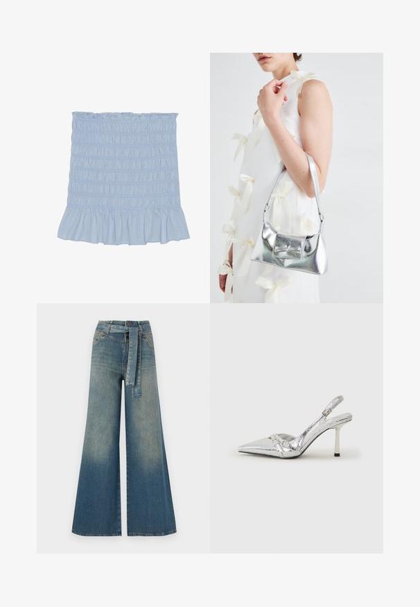 Gaiši zila smockota svārku ar volānu apakšmalu, kurai ir teksturēta šuvju apdare visā virsmā un maiga kokvilnas maisījuma audums.; Platām kājām džinsu bikses ar gaismas līdz tumši zilam gradientam, augstu jostas līniju, jostas cilpām un atbilstošu auduma jostu. Tekstūrēts džinsas apdare.; Sudraba slingback augstpapēžu kurpe ar norādītu purngalu, metālisku apdari, diviem dekoratīviem siksniņām un plānu papēdi ar melnu galu.; Sudraba metāla rokassoma ar struktūru formu, aprīkota ar augšējo rokturi un priekšpusē esošu loku. Gluda tekstūra, atstarojoša virsma.